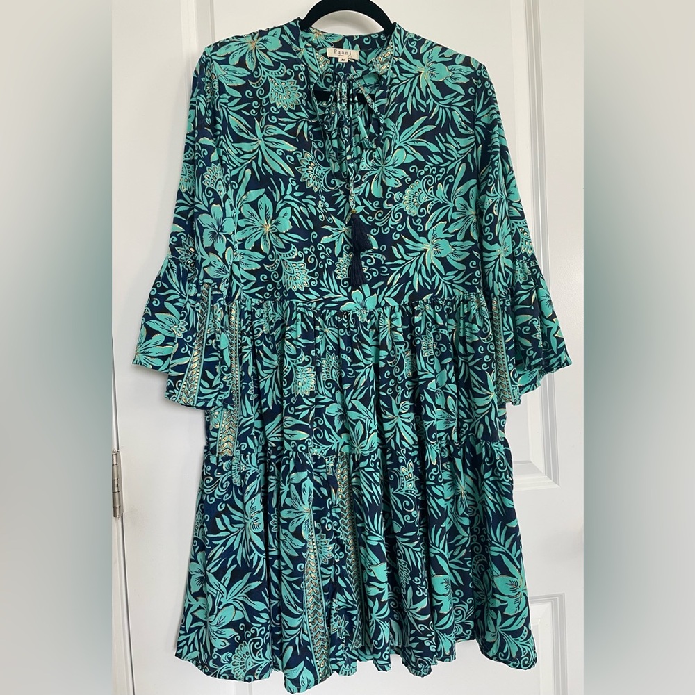 Paani Womens Dress M Boho Floral Gold Metallic Tiered Tassels Bell Sleeve India